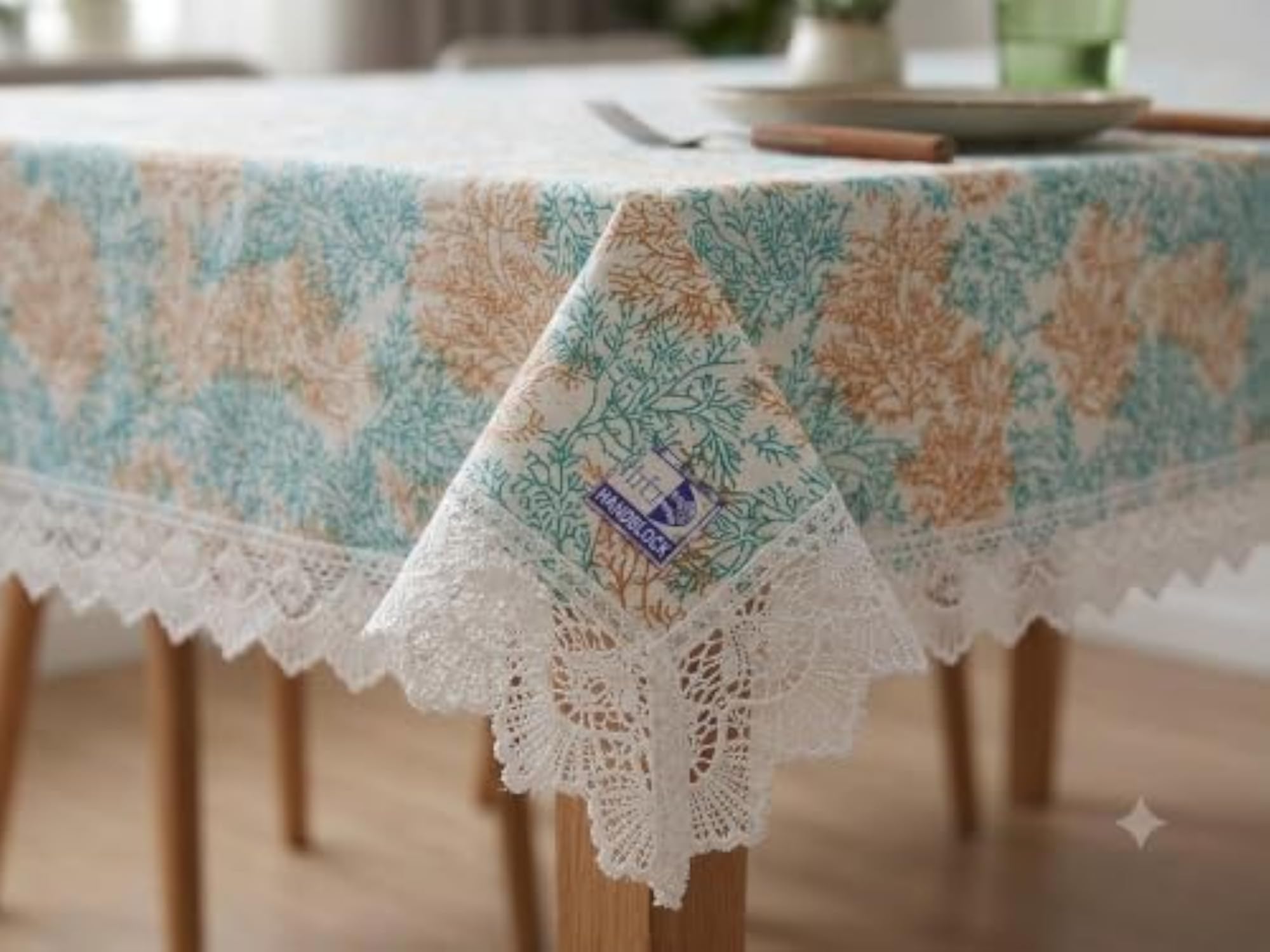 6 Seater Premium Handblock Style Cotton Tablecloth with Cotton Lace Edging